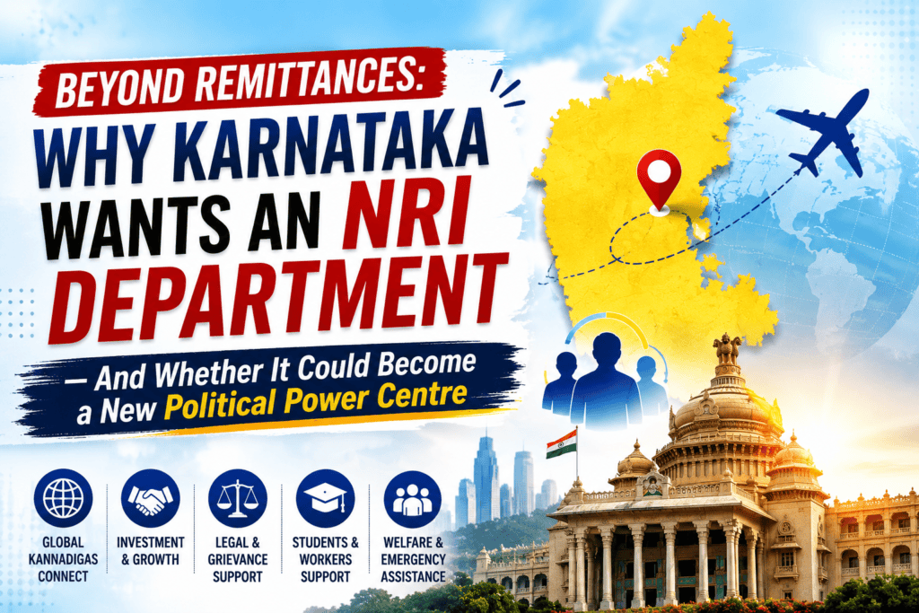 Map of Karnataka with NRI route and airplane icon for connectivity.