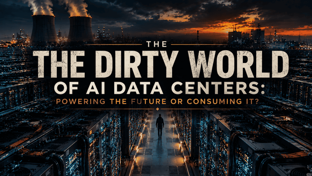 Futuristic AI data center with cooling towers emitting smoke at sunset.