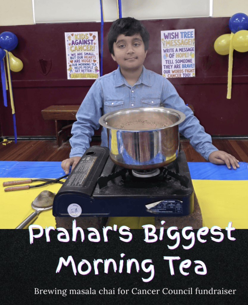 Young boy brewing masala chai for Cancer Council fundraiser at Asia91 event.