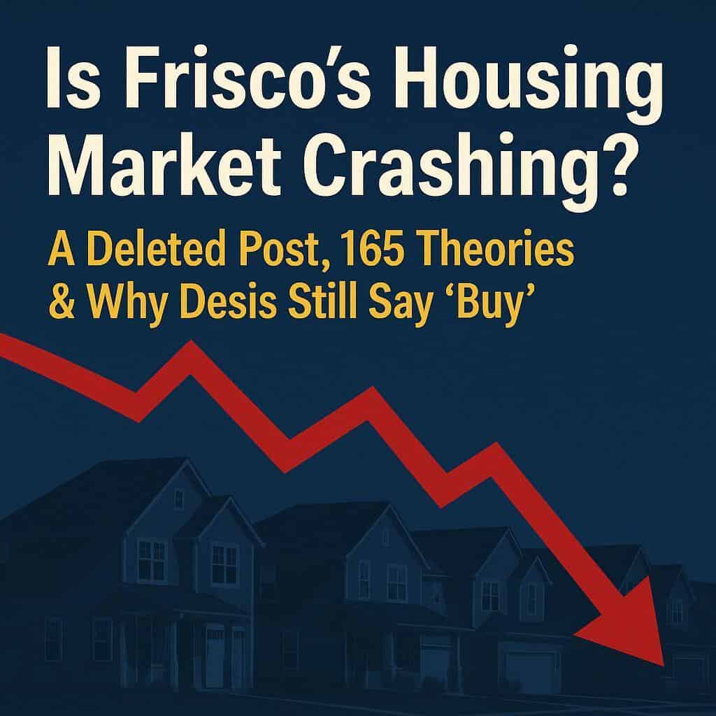 Frisco housing market decline with downward arrow and houses in background.