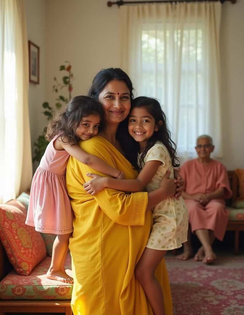 Indian mother with two daughters hugging at home, smiling happily.