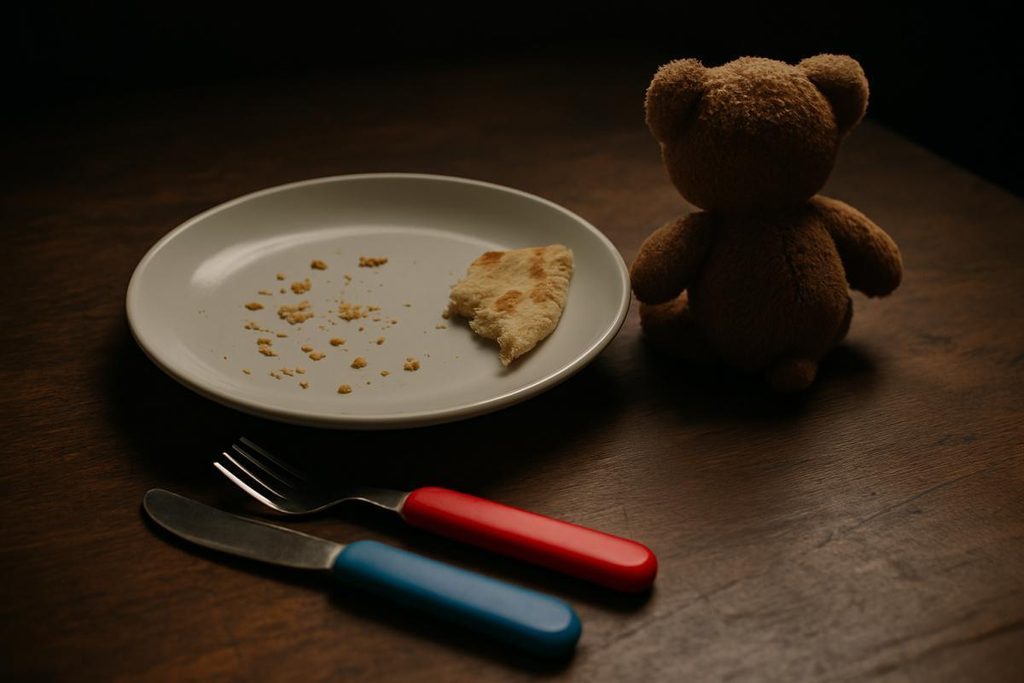 Empty plate with crumbs, teddy bear, and cutlery on a dark wooden table.