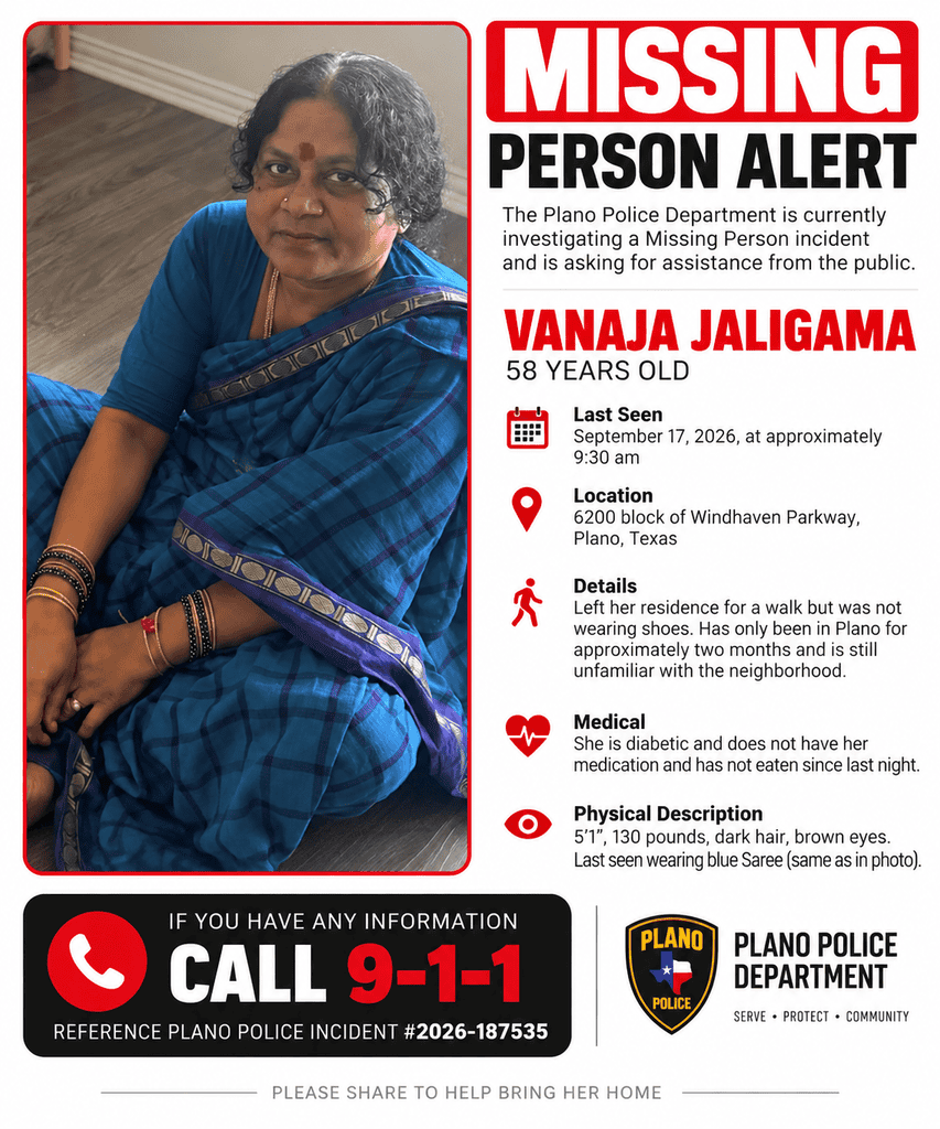 Missing Indian woman Vanuja Jalimaga, 58, last seen in Plano, Texas, walking near her home.