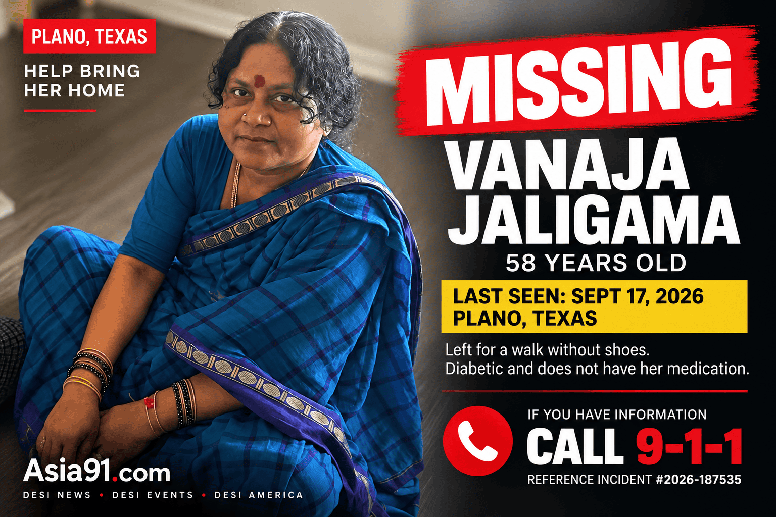 Missing person Vanaja Jaligama, 58, last seen in Plano, Texas on September 17, 2026.