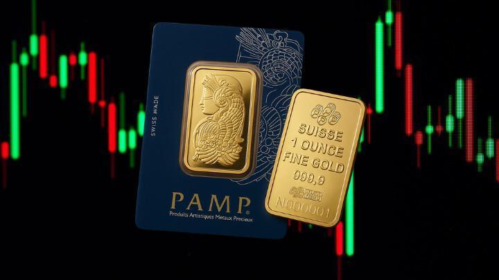 Gold bar with PAMP Suisse packaging and trading chart background.